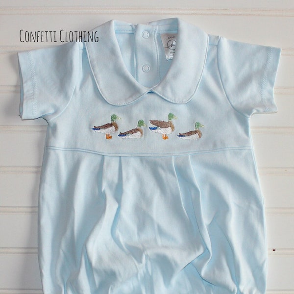 Personalized Mallard Sketch Embroidery Boys Pleated Collar Baby Boys Romper Bubble Sunsuit