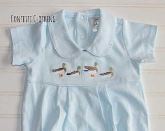 Personalized Mallard Sketch Embroidery Boys Pleated Collar Baby Boys Romper Bubble Sunsuit