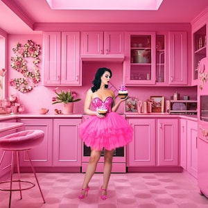 Puede incluir: Una mujer con un vestido de tul rosa sostiene dos cupcakes rosas con velas en una cocina rosa. La cocina tiene armarios rosas, una nevera rosa y paredes rosas.