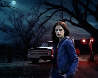 May include: A young woman in a blue denim jacket stands in front of a vintage car under a night sky with a full moon. The car is parked in front of a wooden fence and two red streetlights.
