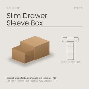 May include: A 2-piece slim drawer sleeve box template in brown. The graphic displays the assembled box and a flat die-cut file. Text includes: 2-PIECE SET, SPD218, Slim Drawer Sleeve Box, the die-cut file you get, and Special-shape folding carton die-cut template PDF Flat 113.5 x 148 mm cut + crease fully scalable.