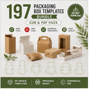 May include: A digital bundle of 197 packaging box templates in CDR and PDF formats. The image displays various assembled brown and white cardboard boxes alongside their corresponding flat die-cut line art templates, featuring text labels.