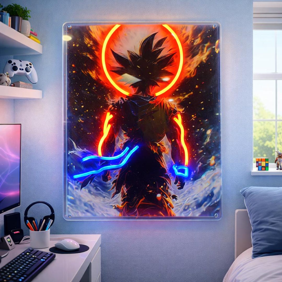 Anime Style Neon LED Wall Art, Fire Aura Character Design, Gamer Room ...