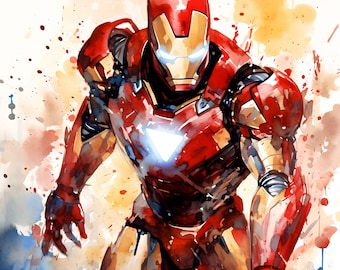 Crimson Avenger in Watercolor Symphony: Marvel's Iron Man - Digital Watercolor Artwork of the Invincible Superhero in Fiery Action