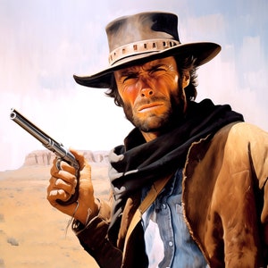 The Good, The Bad and the Ugly: Clint Eastwood&#39;s Digital Oil Portrait | Western Tribute, Iconic Cowboy | Hollywood Legend Art
