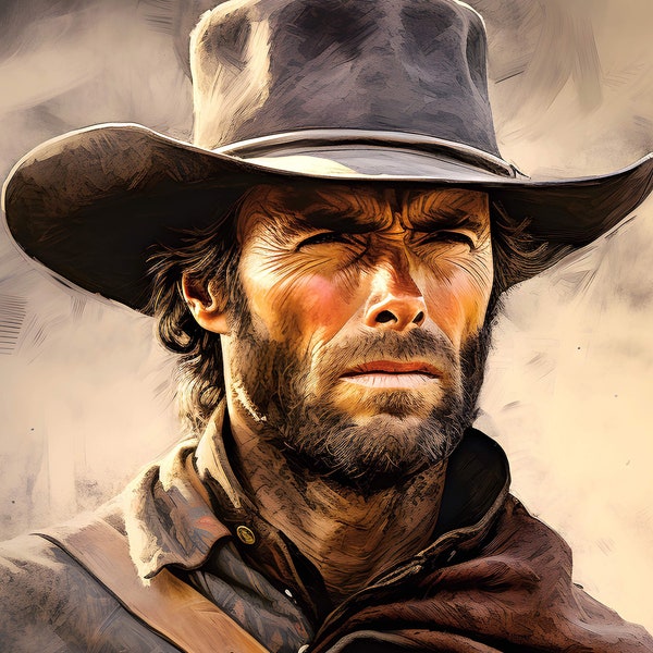 Resolute Preacher of the Wild West: Clint Eastwood as 'Pale Rider' - Digital Oil Portrait, Western Movie Art, Cowboy Art