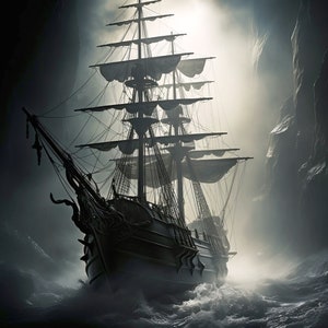 Ghostly Night Voyage: Old Galleon Ship in Stormy Seas - Nautical Wall Decor, Maritime Decor, Art, Ghost Ship, Halloween, Spooky, Horror