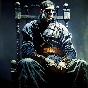 Tragic Captivity: Frankenstein&#39;s Monster Chained in Dungeon Desolation - Dark Horror Art, Haunting Digital Painting