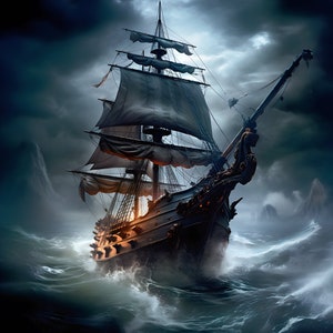 Storm-Taming Galleon: Majestic Ship Battles Fierce Waves in Dark and Turbulent Seas - Nautical Triumph Amidst Tempestuous Skies