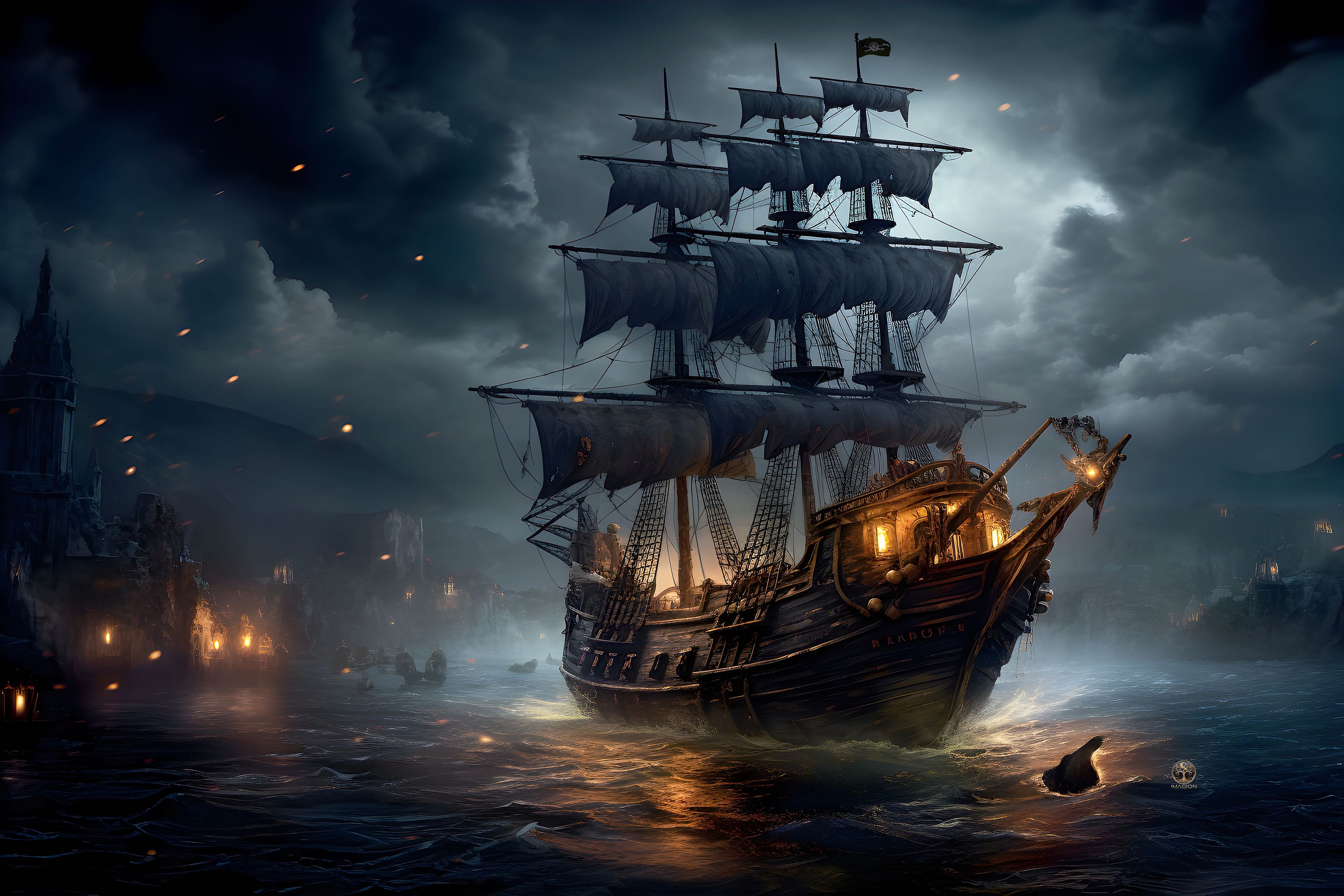 Mystical Night Entry: Pirate Ship Sails Into Eerie Old Town Harbor -  Moonlit Seascape, Firelit Nautical Painting - Etsy