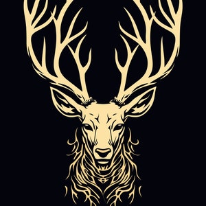 Regal Majesty: Golden Stags Head. Elegant Home Art, Wildlife Wall Decor, Majestic Stag, Luxurious Decor, Gold Stags Head, Black Background