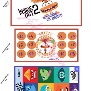 Dashboard della sfida di risparmio Inside Out 2, riempimento di denaro per bambini, busta Anxiety formato A6. Stampa e salva. regalo per bambini, scuola DIGITALE