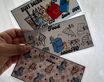 Bluey savings challenge, Bluey cash stuffing save , Savings challenge for A6 binder envelopes. Save for gifts, Xmas savings, Bluey physical