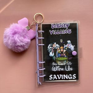 Laminate saving challenges, Disney Villans binder challenges book. Save Disney Trip, Gift for Mothers Day,self care, scratch off savings