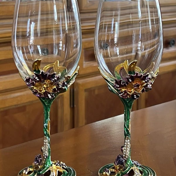 Set of 2 Luxury Flowers Enamel Handcraft Artisan Painted Wine Glass 8 1/4” H