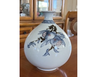 Chinese Studio Pottery Jar / Vase With Pomegranate Blossom 7 1/2” Tall