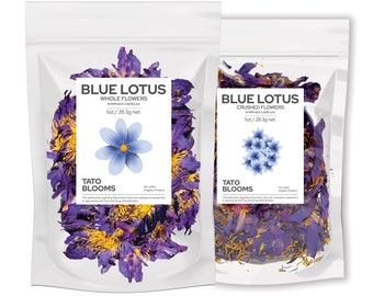 Organic Blue Lotus Premium Flowers Tea Egyptian Sacred Nymphaea caerulea Dried Whole or Crushed Free of Pesticides, Fertilizers & Additives