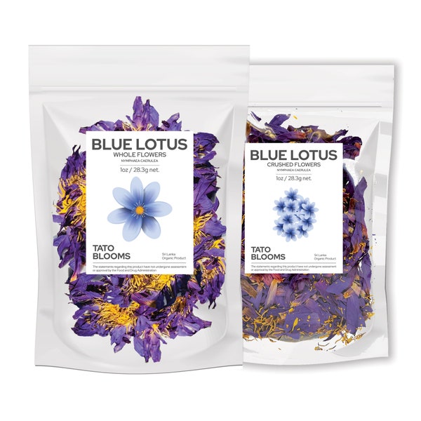 Organic Blue Lotus Premium Flowers Tea Egyptian Sacred Nymphaea caerulea Dried Whole or Crushed Free of Pesticides, Fertilizers & Additives