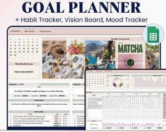 Goal Planner Spreadsheet, Goal Tracker Template with Vision Board, Habit Trakcer and Mood Tracker, Digital Productivity Planner