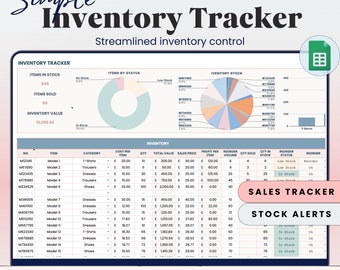 May include: A spreadsheet template for tracking inventory and sales. The spreadsheet includes a list of items, their categories, cost per item, quantity, total value, sales price, profit per item, reorder volume, quantity sold, quantity in stock, reorder status, and reorder. The spreadsheet also includes a pie chart showing the inventory stock by item. The spreadsheet is titled "Simple Inventory Tracker" and "Streamlined inventory control".