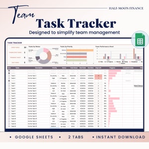 May include: A Google Sheets spreadsheet with a task tracker template. The spreadsheet has tabs for "Tasks by Status", "Tasks by Priority", and "Team Performance Chart". The spreadsheet includes columns for task name, description, priority, status, task owner, start date, due date, days left, progress, completion date, and file.