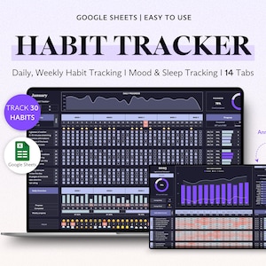 Habit Tracker Spreadsheet in Google Sheets, Mood & Sleep Tracker, Annual Daily Routine Planner, Dark Theme