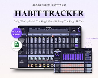 Planilha de Rastreamento de Hábitos no Planilhas Google, Rastreador de Humor e Sono, Planejador de Rotina Diária Anual, Tema Escuro