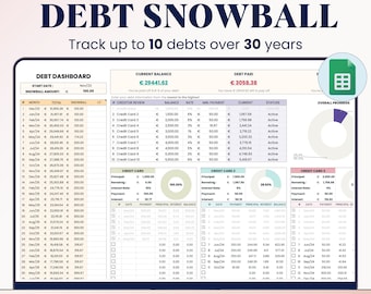 May include: A colorful spreadsheet template for tracking debt payments using the debt snowball method. The template includes sections for current balance, debt paid, creditor review, and overall progress. The spreadsheet is designed to help users track up to 10 debts over 30 years.