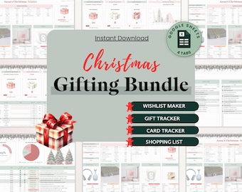 May include: A digital Christmas Gifting Bundle with a red and white gift box, Christmas trees, and a spreadsheet layout. The bundle includes a wishlist maker, gift tracker, card tracker, and shopping list. The words "Christmas Gifting Bundle" are in the center.