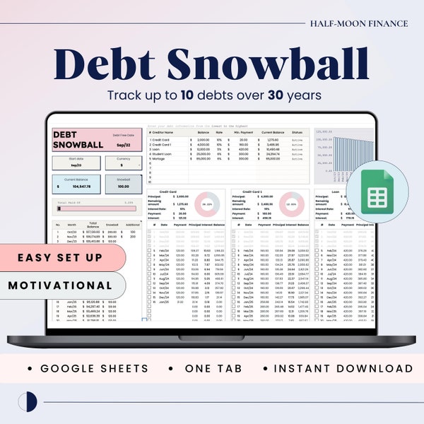 Debt Snowball Spreadsheet in Google Sheets, Debt Payoff Tracker, Snowball Calculator, Pay Off Loans Fast