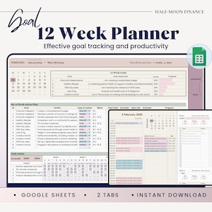 12 Week Goal Planner in Google Sheets, Quarterly Planner, Goal Planner Spreadsheet, Time Blocking