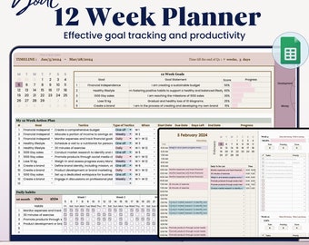 12 Week Goal Planner in Google Sheets, Quarterly Planner, Goal Planner Spreadsheet, Time Blocking