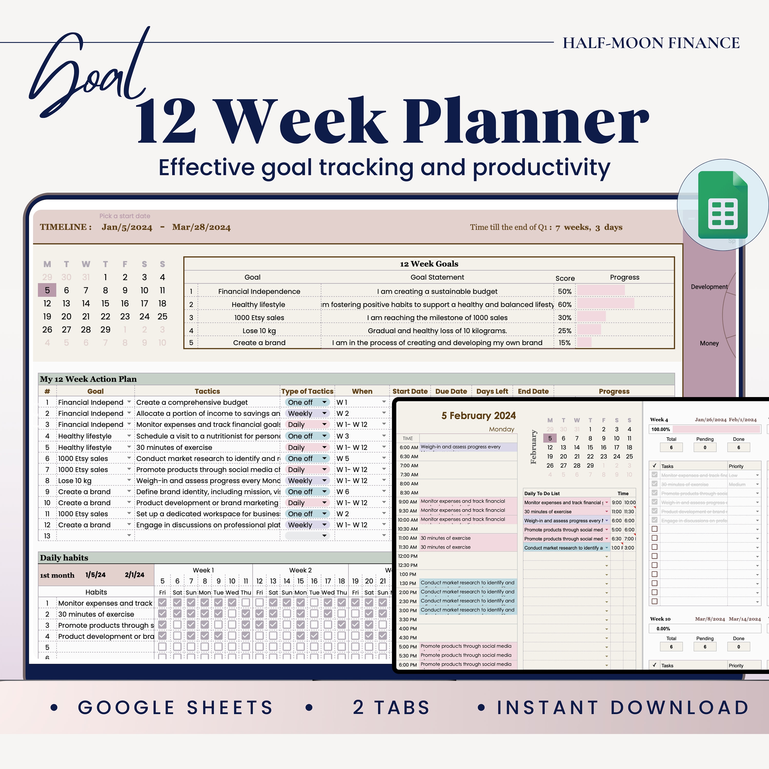 12 Week Goal Planner in Google Sheets, Quarterly Planner, Goal Planner Spreadsheet, Time Blocking