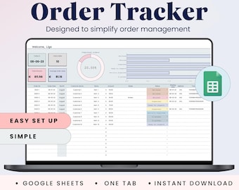 May include: A laptop screen displaying a Google Sheet template for an order tracker. The sheet includes columns for order number, order date, customer name, item, amount, notes, status, shipping date, shipping method, and tracking number. The sheet also includes a pie chart showing that 20% of orders are completed. The text "EASY SET UP" and "SIMPLE" is displayed on the left side of the screen. The text "HALF-MOON FINANCE" and "Order Tracker" is displayed at the top of the screen. The text "GOOGLE SHEETS", "ONE TAB", and "INSTANT DOWNLOAD" is displayed at the bottom of the screen.