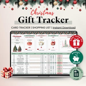 Peut inclure: Un ordinateur portable affiche un tableur de suivi des cadeaux de Noël avec des icônes de cadeaux et des arbres de Noël. Le texte "Christmas Gift Tracker" est en haut. Guirlande décorative et boîte cadeau.