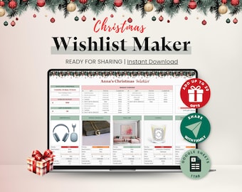 Puede incluir: Una computadora portátil muestra una plantilla de lista de deseos navideña con el texto "Christmas Wishlist Maker". La pantalla muestra una hoja de cálculo con secciones para regalos, estado y reclamado por. Los iconos circulares rojos y verdes dicen "Añadir hasta 20 regalos" y "Compartir con la familia."