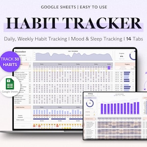 Gewoontetracker-spreadsheet in Google Spreadsheets met Mood & Sleep Tracker, jaarlijkse dagelijkse productiviteitsplanner