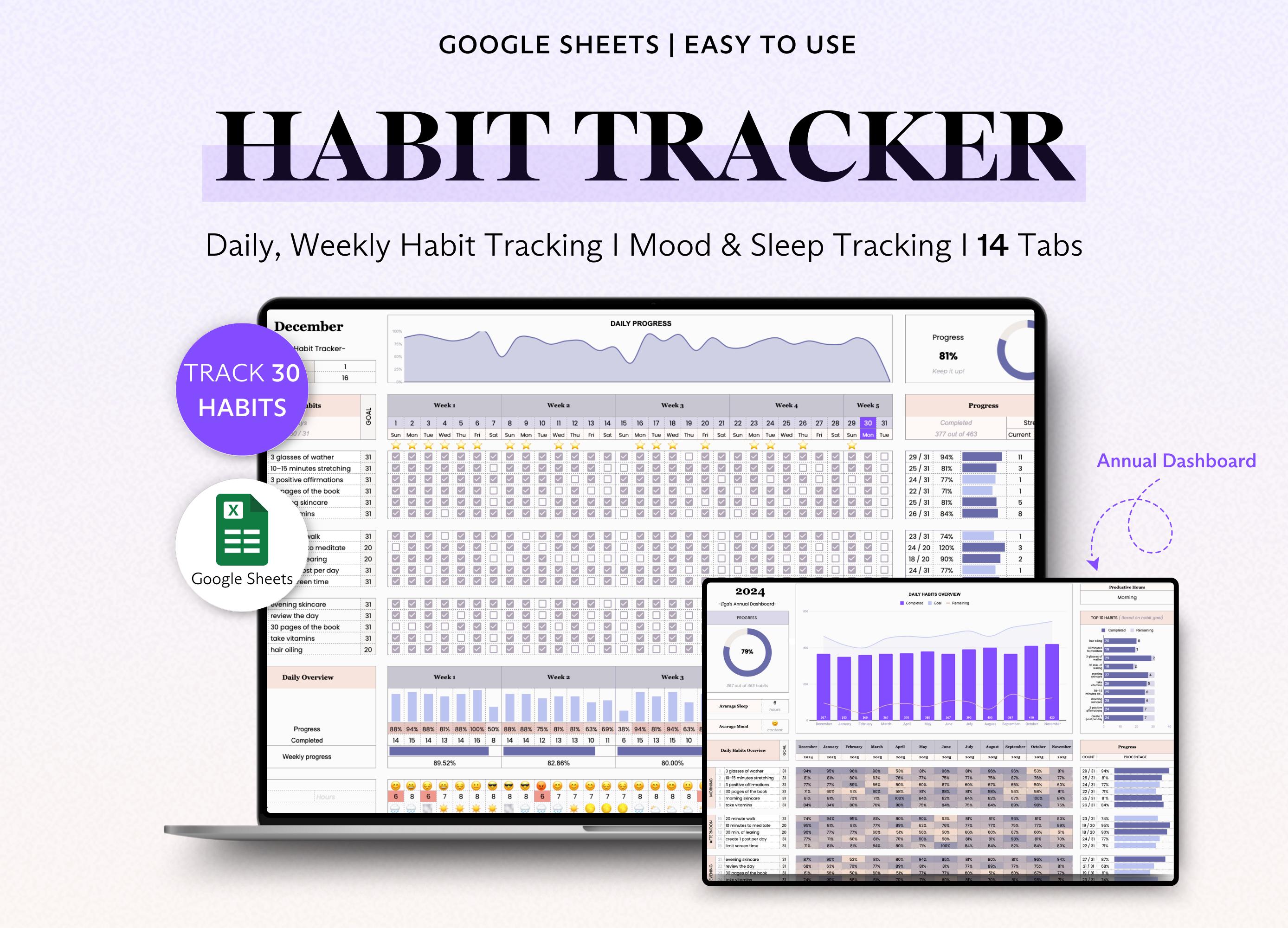 Habit Tracker Spreadsheet in Google Sheets With Mood & Sleep Tracker ...