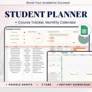 Op de afbeelding: Een digitale studentenplanner-sjabloon voor Google Sheets met drie tabbladen: Taaktracker, Cursustracker en Maandkalender. Het tabblad Taaktracker bevat een voortgangsbalk, een cirkeldiagram en een lijst met cursussen met selectievakjes voor voltooide taken. Het tabblad Cursustracker bevat een lijst met cursussen met taken en deadlines. Het tabblad Maandkalender bevat een kalender voor september 2024.