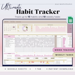 Gewoontetracker Google Spreadsheets-sjabloon, Mood Tracker-spreadsheet, maandelijkse doeltracker