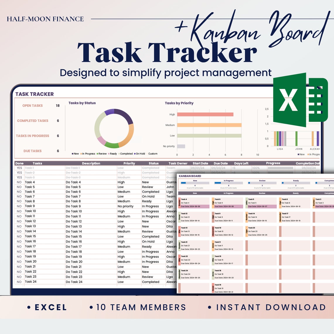 Excel Task Tracker With Kanban Board Template, Team Project Management ...