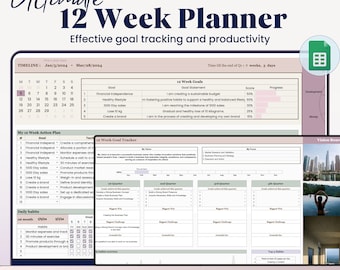 12 Week Planner in Google Sheets, Quarterly Planner, Goal Tracker Spreadsheet, Time Blocking