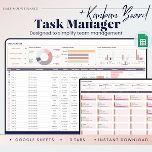 Rastreador de tarefas com modelo de planilhas do Google do quadro Kanban, gerenciamento de projetos de equipe, lista de tarefas de funcionários