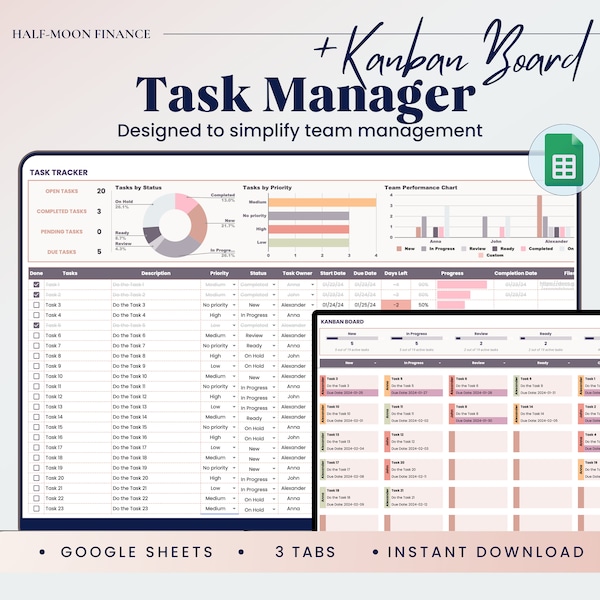 Task Tracker with Kanban Board Google Sheets Template, Team Project Management, Employee Task List