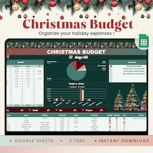 May include: A green and red Christmas budget spreadsheet template with a festive design. The spreadsheet includes sections for budgeting, to-do lists, and gift tracking. The template is designed for use with Google Sheets and includes two tabs.