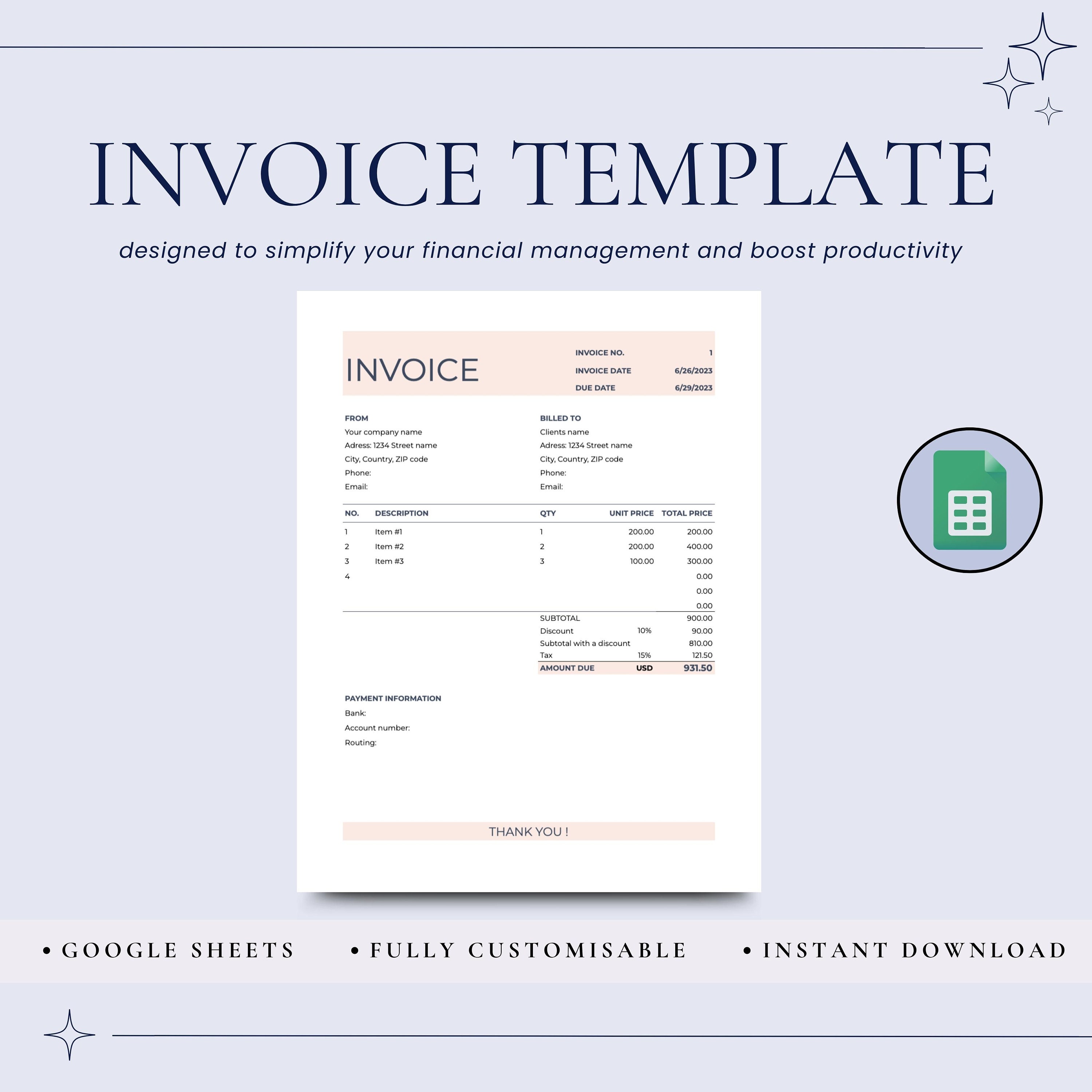 Google Sheets Invoice Template, Fully Customisable, Clean and Modern Design