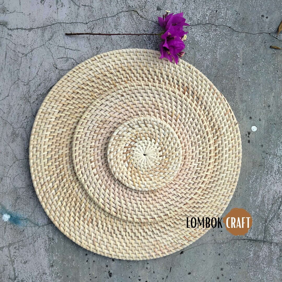Set of 3 Natural Round Rattan Placemats, Dining Placemats, Lombok