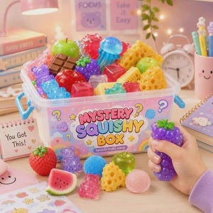 May include: A clear plastic storage container labeled Mystery Squishy Box filled with various colorful, soft, squishy toys shaped like fruits, bears, cheese, and chocolate. A hand holds a purple grape-shaped squishy toy in the foreground.