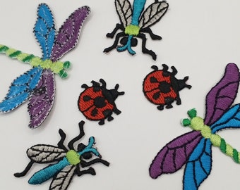 6pcs Lovely Red Ladybug Iron-on, Majestic Purple Blue Dragonfly Patches, Swift Pesky Fly Iron-on Insect Appliques Decorative Patch Set #527