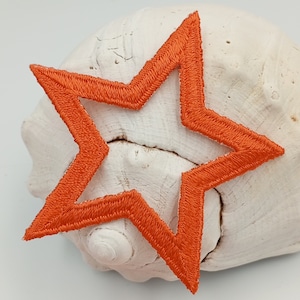 Peut inclure: Patch en tissu en forme d'étoile orange avec un contour cousu. Le patch est sur un coquillage blanc.